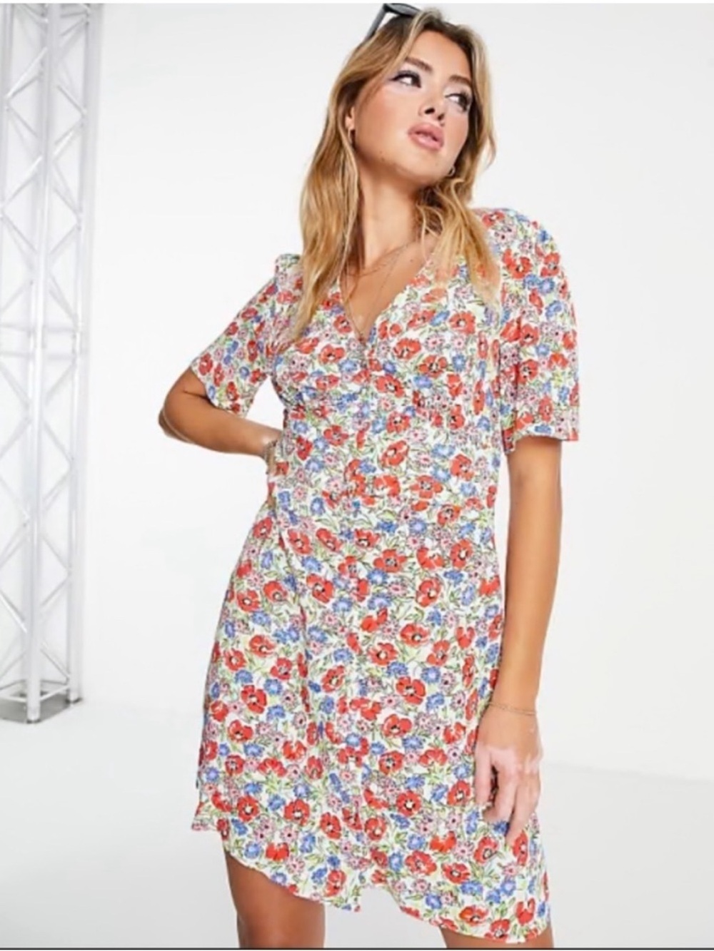 Nobody’s Child Alexa Floral Mini Dress Button Front Red Blue Size 20